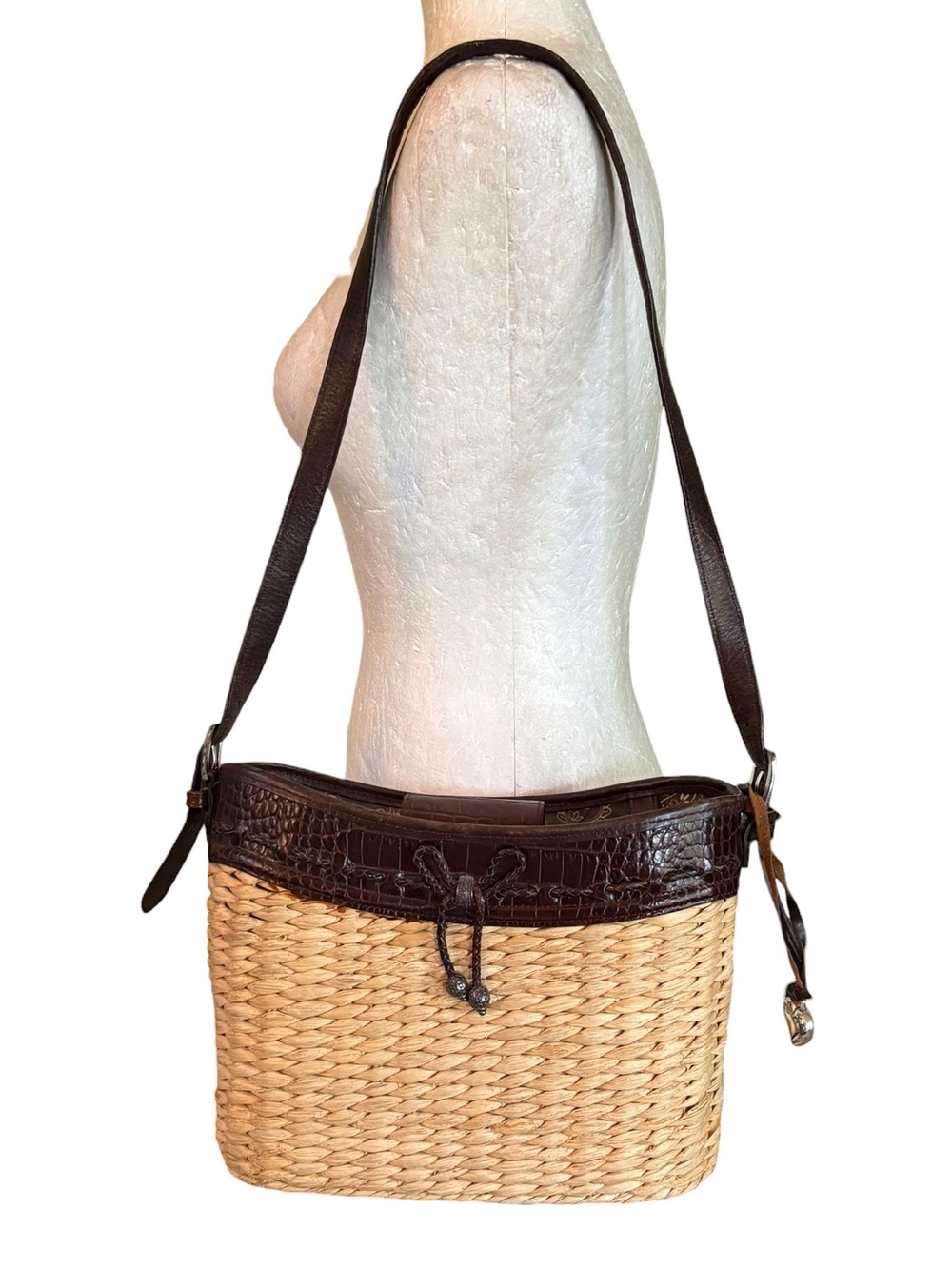 Brighton Vintage Brown Embossed Croc Leather Straw Shoulder Bag